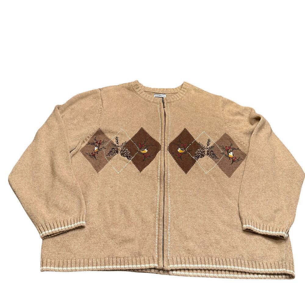 Croft & Barrow Zip Front Cardigan Sweater Argyle Bird Embroidered Cozy 3X Plus